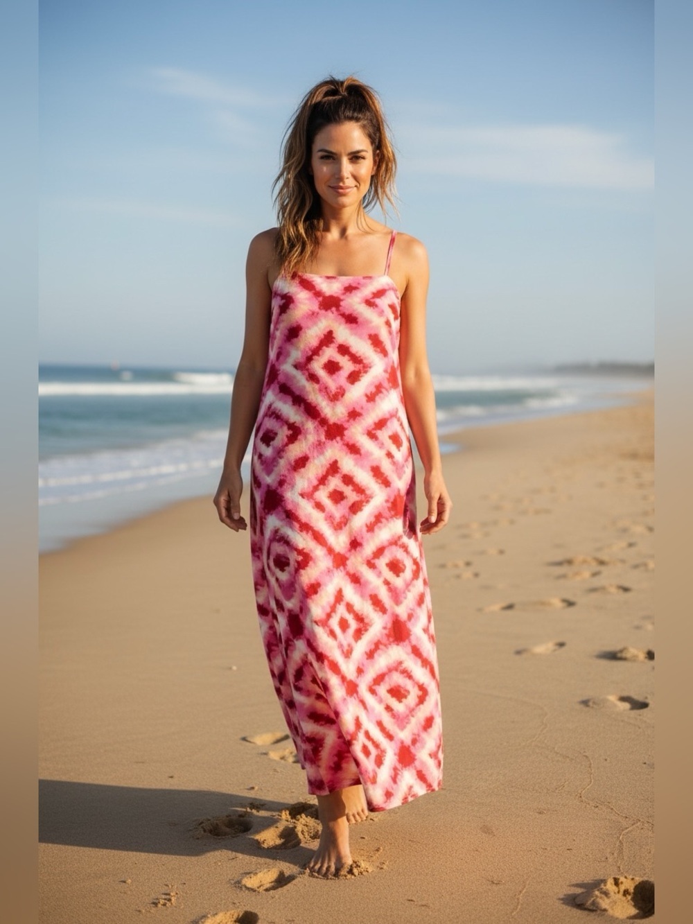Japna Geometric Pink & Yellow Tie-Dye Maxi Dress Lined Adj Straps Size S